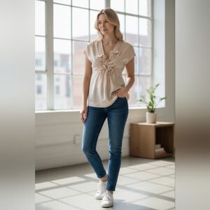 Robert Rodriguez 100% Silk Cream Blouse with Floral Accents Size 4